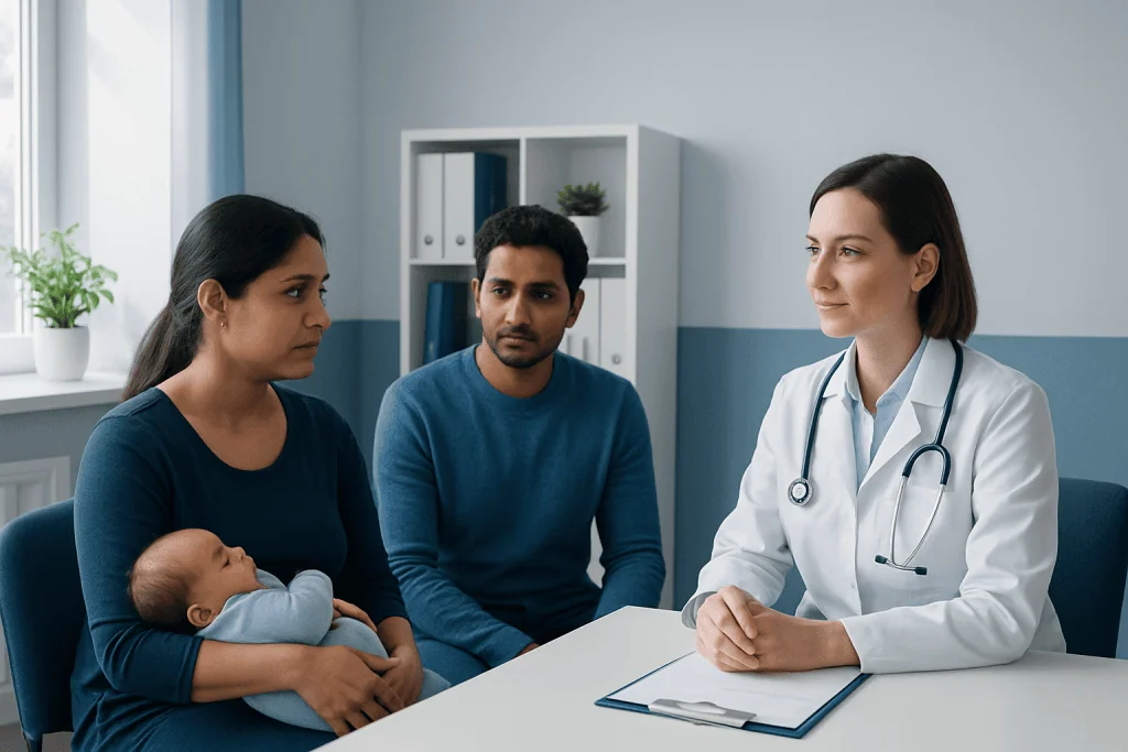Doctor consulting new mother and family in hospital setting.