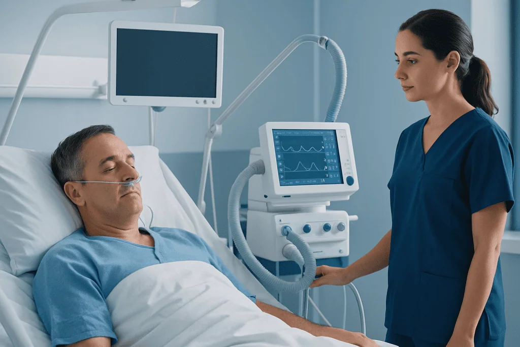 Hospital patient on ventilator with nurse monitoring vital signs in ICU.