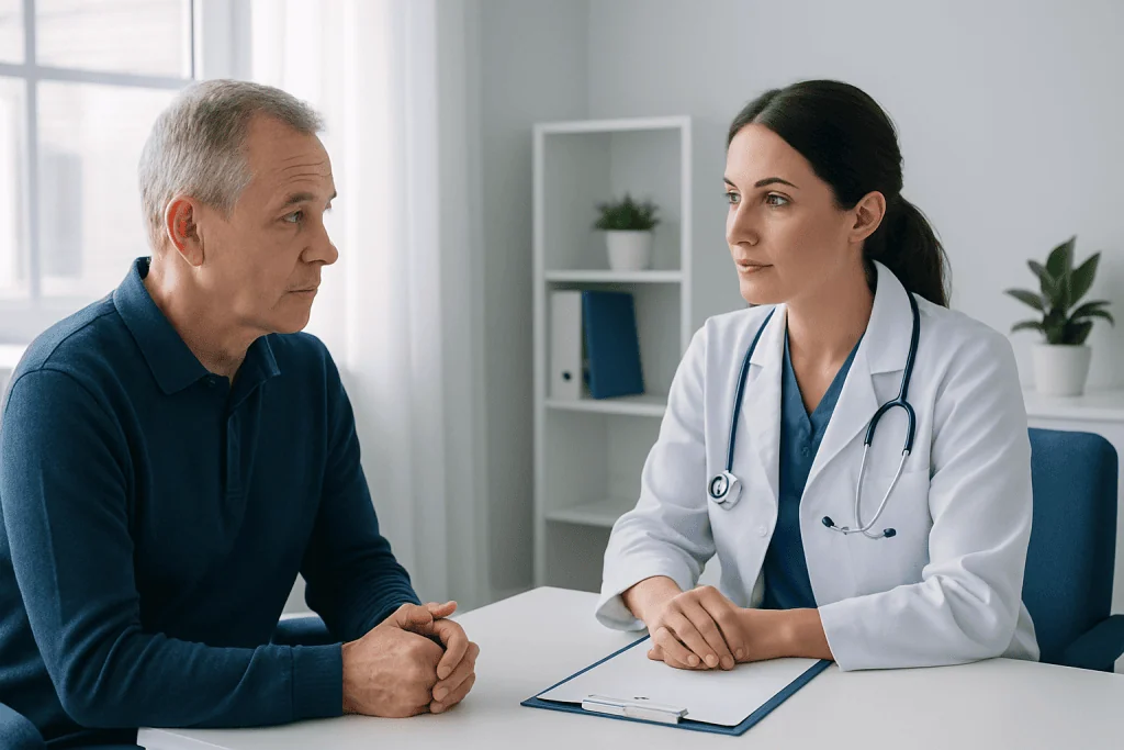 Doctor consulting with a male patient in a modern clinic setting.