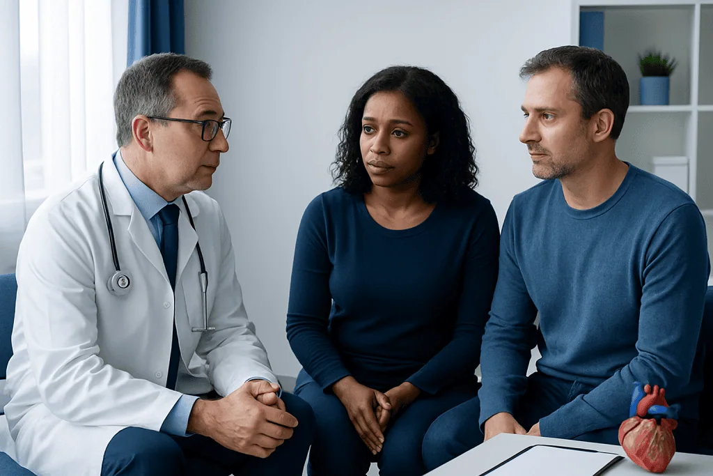 Doctor consulting with a woman and a man about cardiac health.