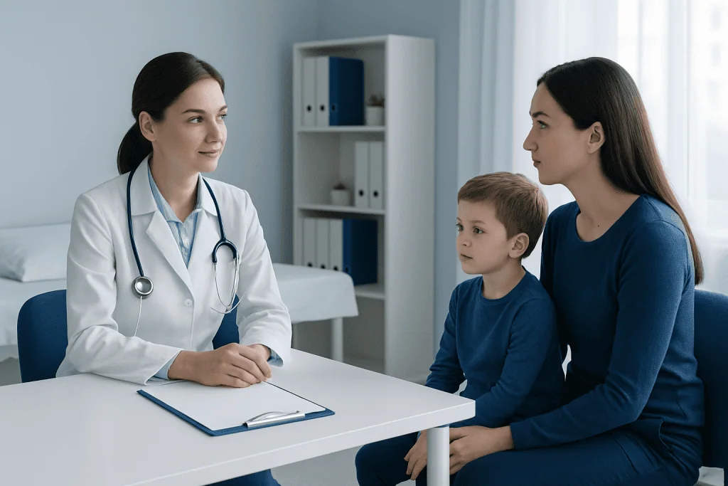 Doctor consulting with mother and child in a medical office.