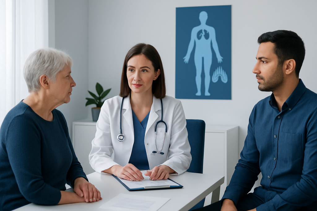 Doctor consulting with elderly female patient and her son in a hospital setting.