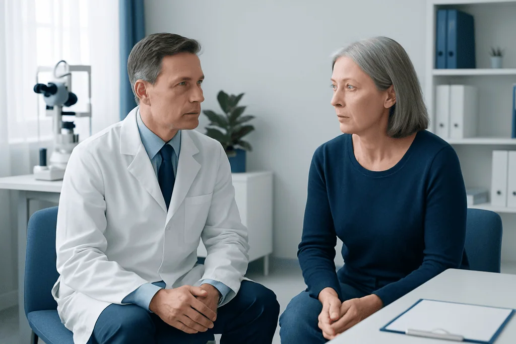 Doctor consulting with an elderly woman in a medical office.