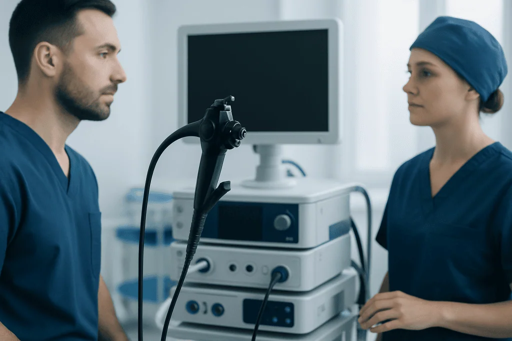 Medical professionals preparing for a TURBT procedure in a hospital setting.