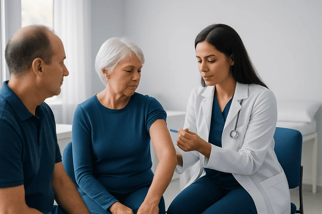 Doctor administering vaccine to elderly woman in clinic setting.
