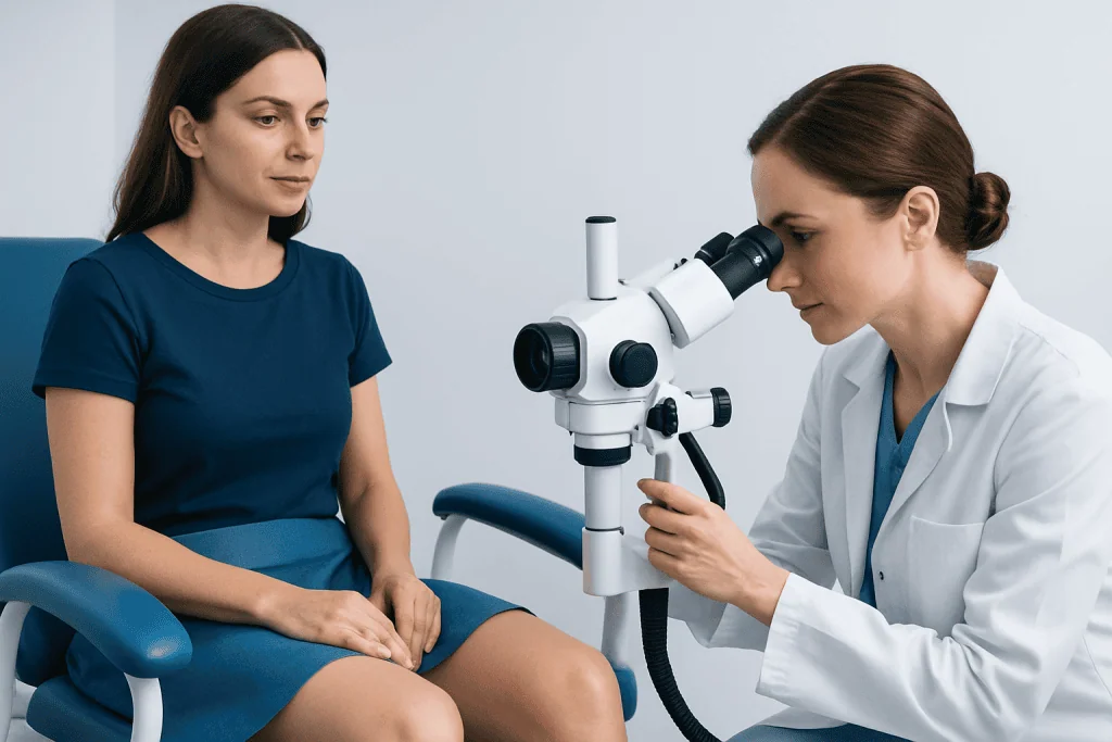Doctor examining patient with a microscope in a clinical setting.