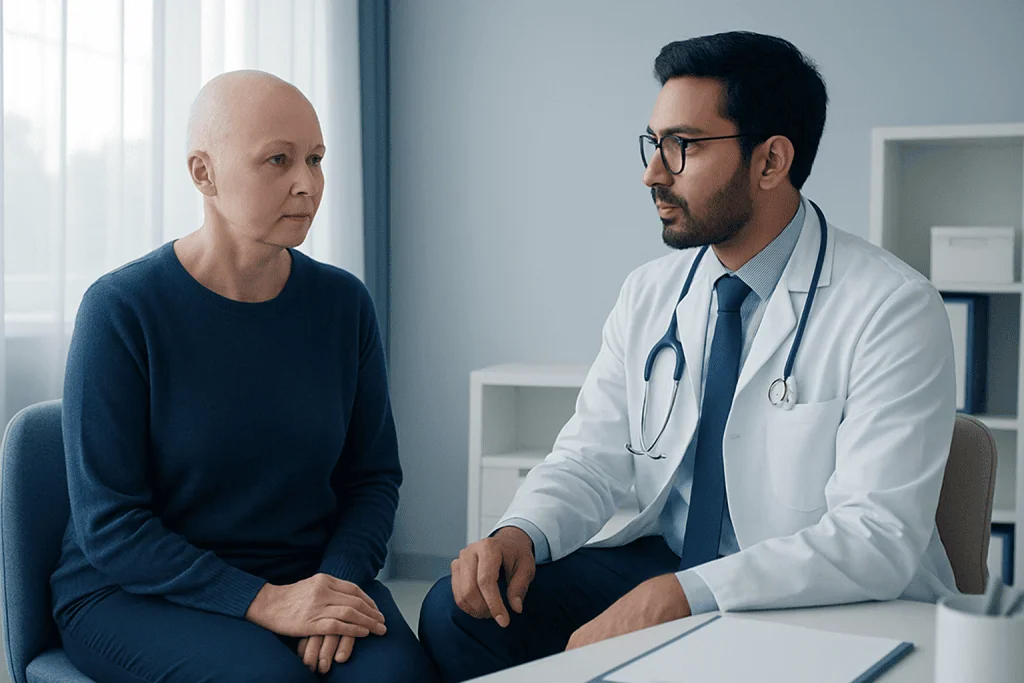 Oncologist consulting with a female patient in a medical office.