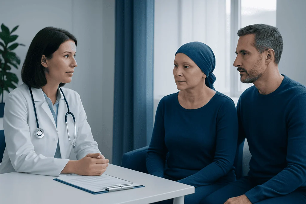 Doctor discussing treatment options with a patient undergoing chemotherapy.
