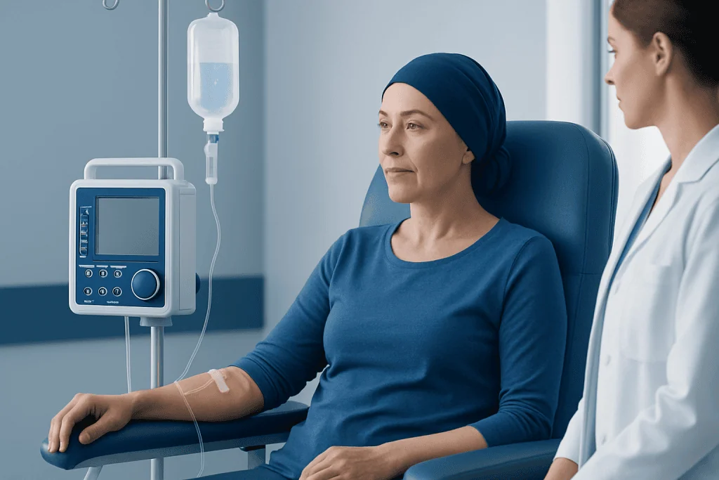 Patient receiving chemotherapy IV infusion in hospital setting.