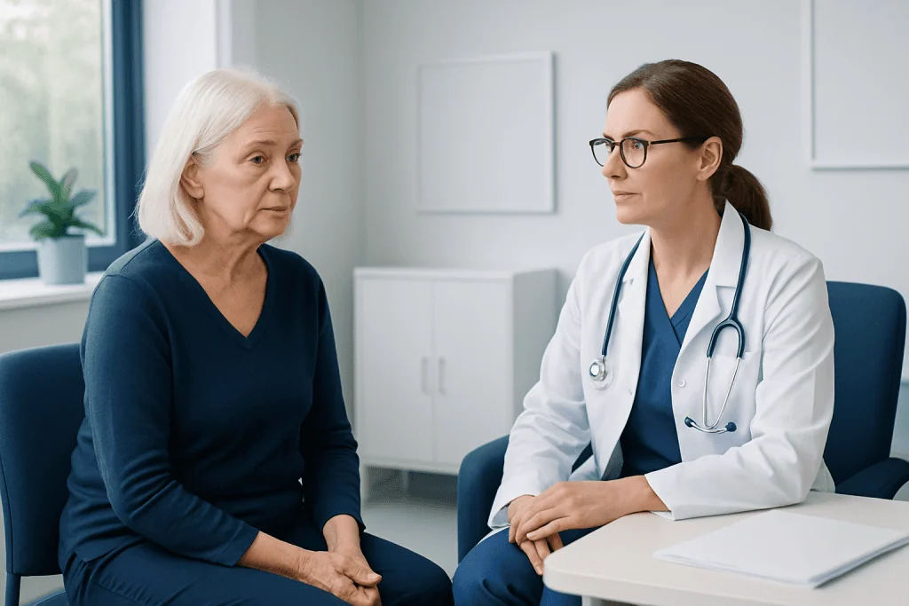 Doctor consulting with elderly woman in a medical office.