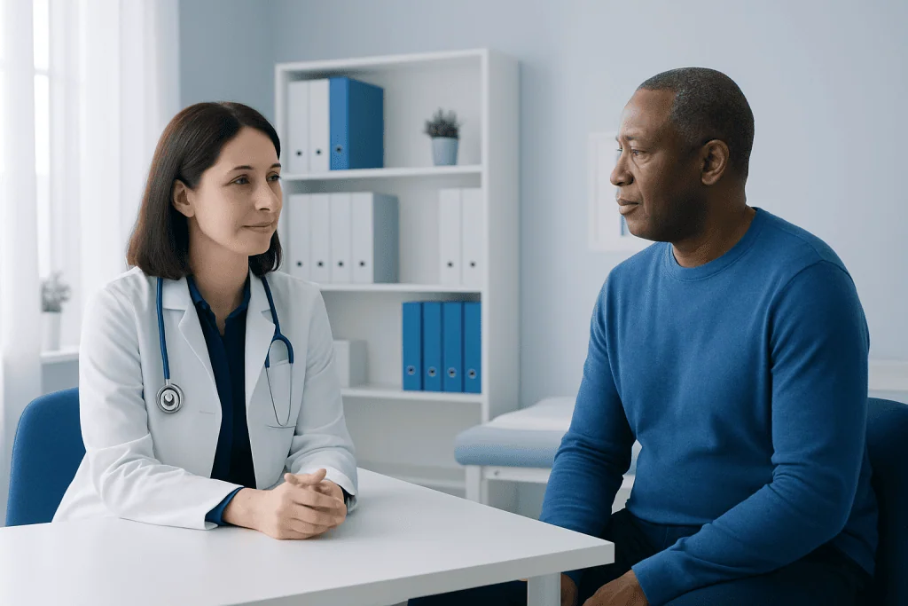 Doctor consulting with a patient in a modern medical office.