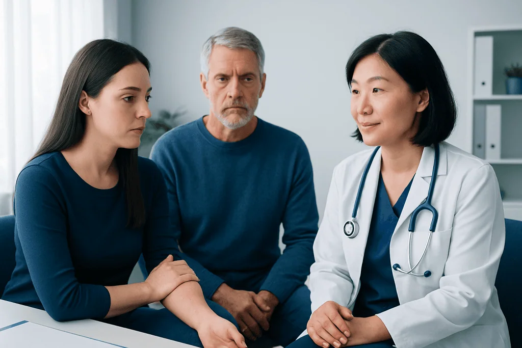 Doctor consulting with a patient and companion in a medical office.