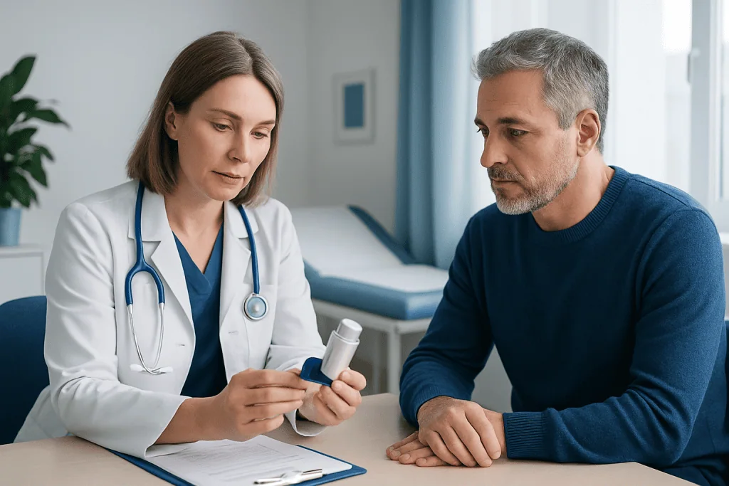 Doctor explaining Pulmicort inhaler to patient in a clinic setting.