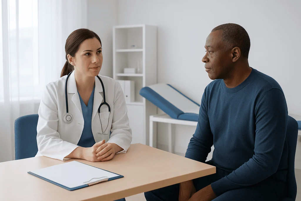 Doctor consulting with a patient in a medical office setting.