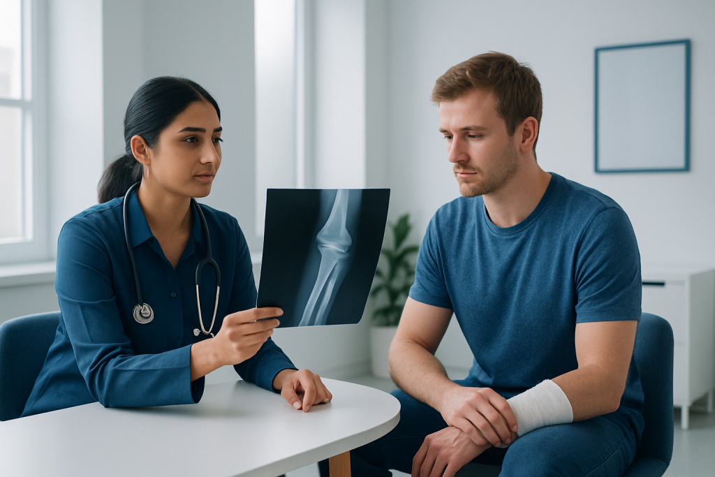 Doctor explaining broken forearm X-ray to patient in clinic.