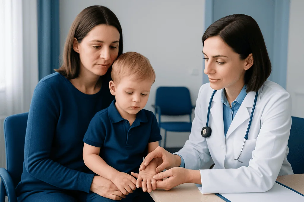 Doctor examining child's hand during consultation at Acibadem Hospital.