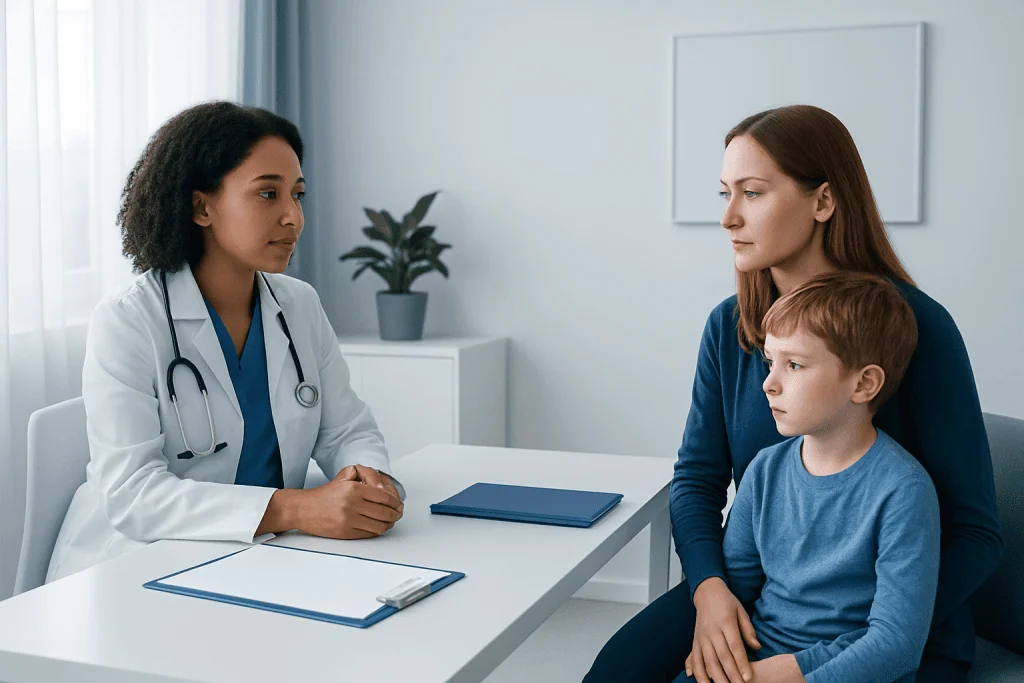 Doctor consulting with mother and child in a medical office.