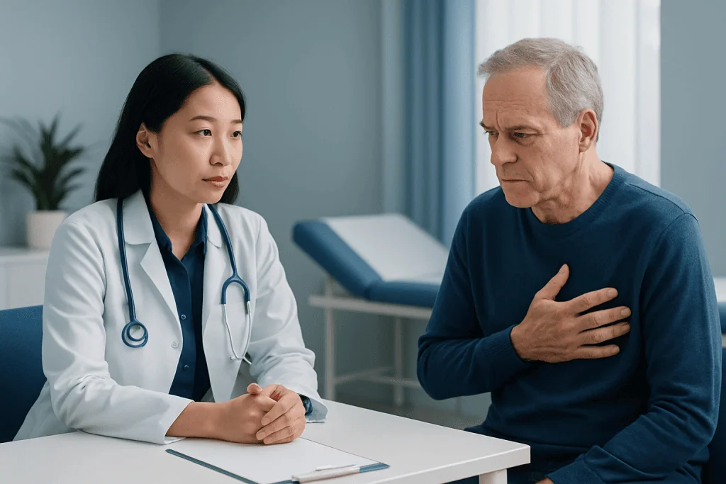 Doctor consulting with an elderly patient about health concerns in a clinic.