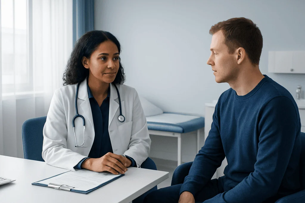 Doctor consulting with a patient in a medical office setting.