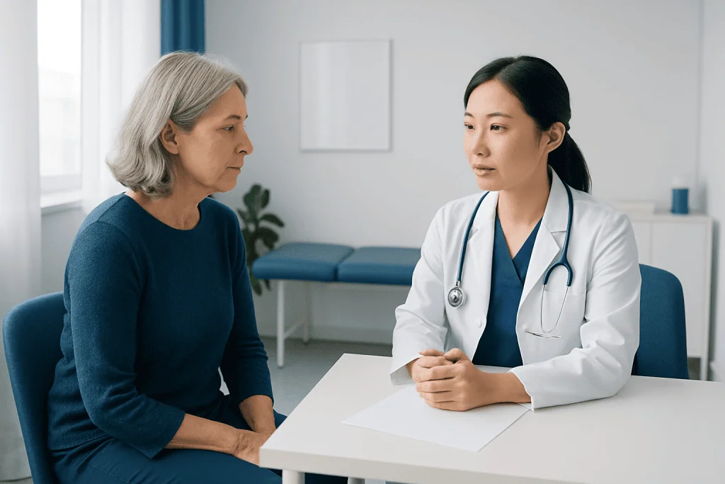 Doctor consulting with an elderly female patient in a medical office.