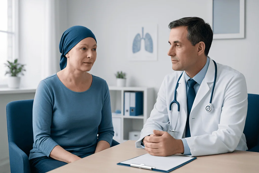 Doctor consulting with a female patient in a medical office setting.