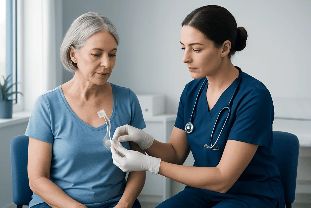 Nurse changing Hickman catheter dressing on elderly patient in hospital.