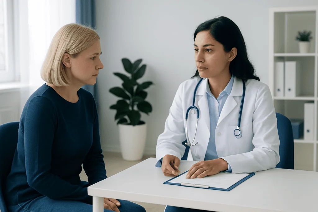Doctor consulting with a patient in a modern medical office.