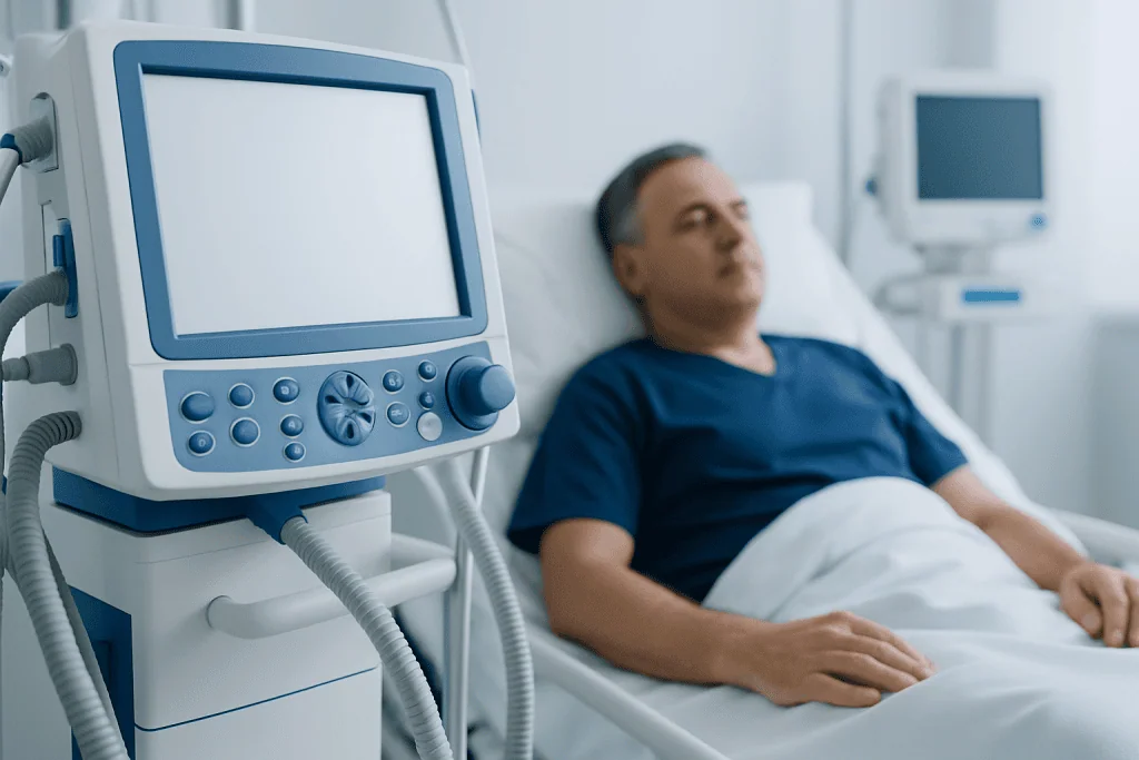 Patient resting in hospital bed with medical monitors nearby.
