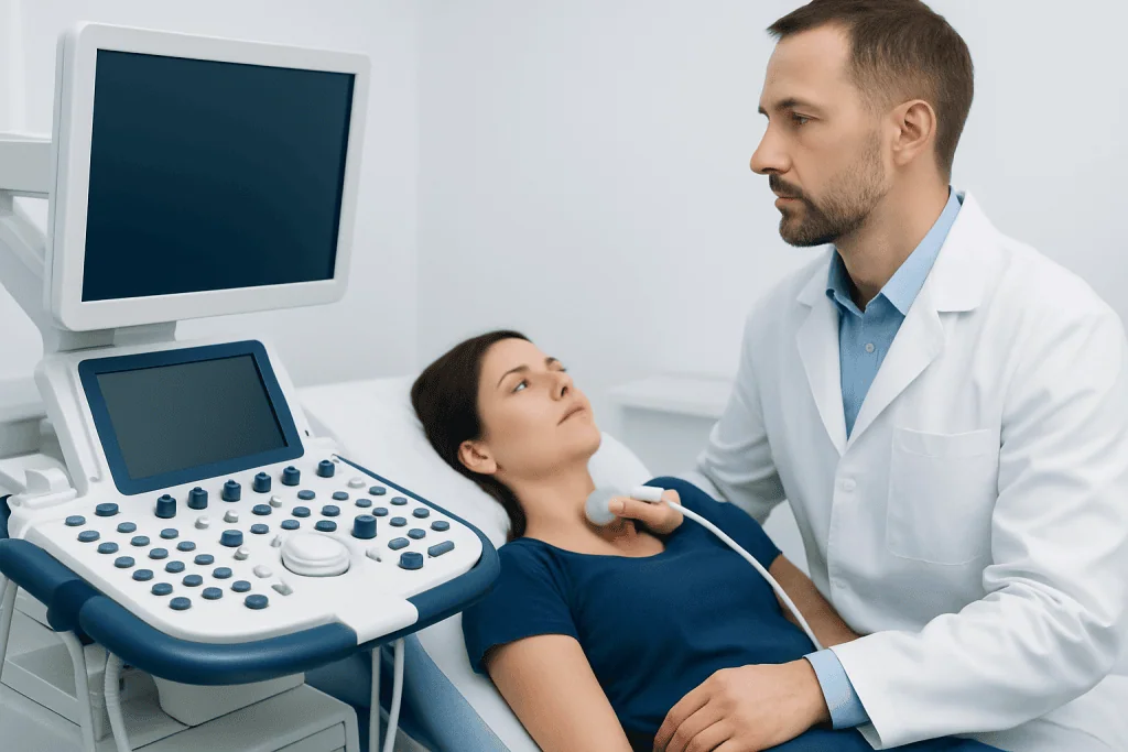 Doctor performing an ultrasound exam on a patient in a medical clinic.