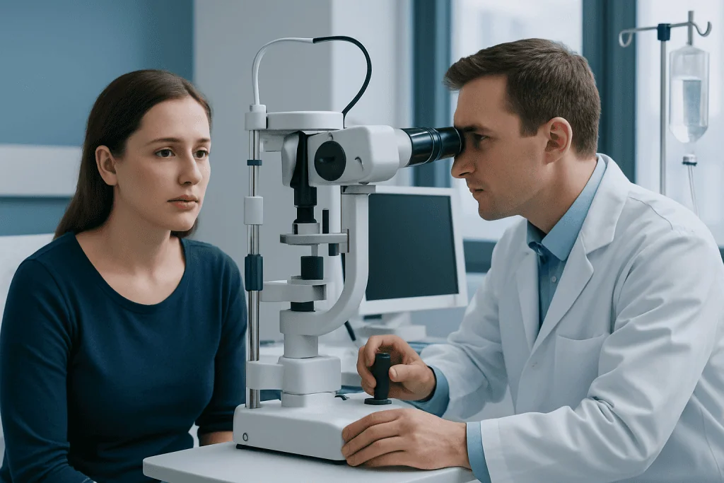 Ophthalmologist examining a patient's eye with a slit lamp in a clinic.
