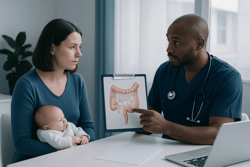 Doctor explaining intestinal diagram to mother and baby in consultation room.