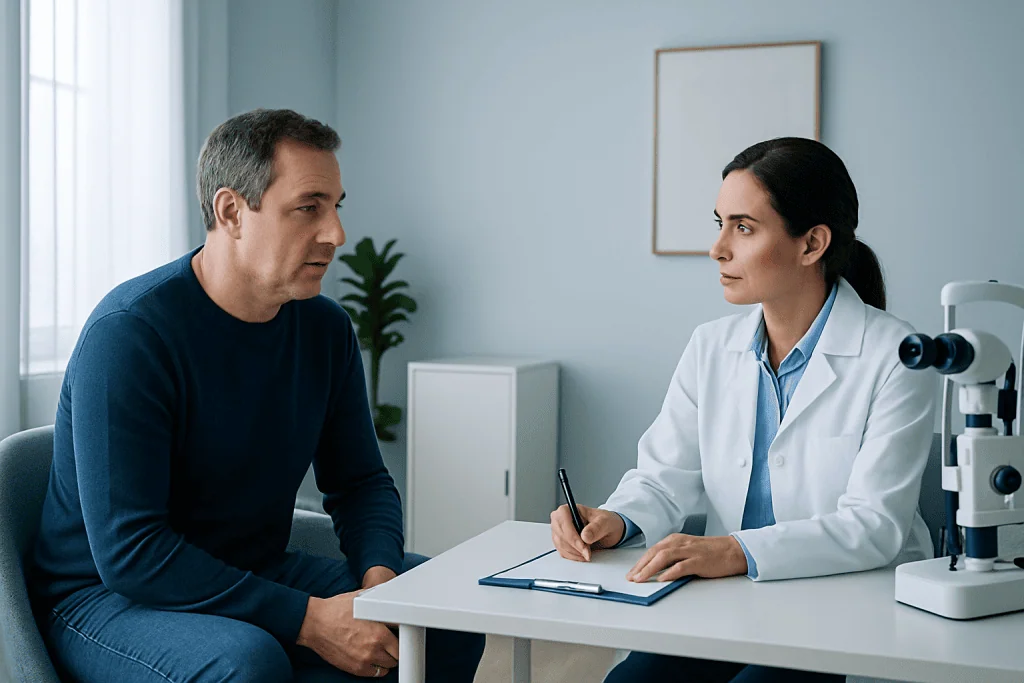 Eye doctor consults with patient about eye health and treatment options.