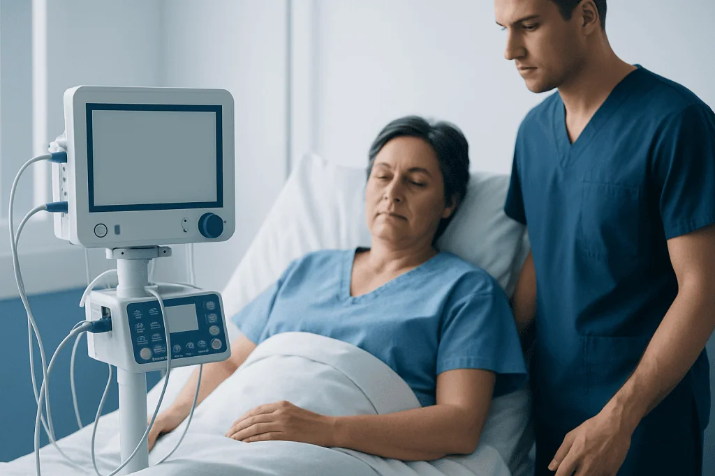 Healthcare professional monitoring patient in hospital bed with medical equipment.