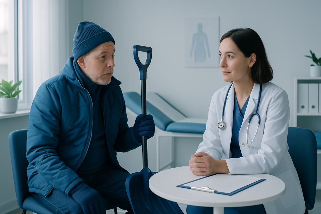 Doctor consulting with elderly patient in medical office.