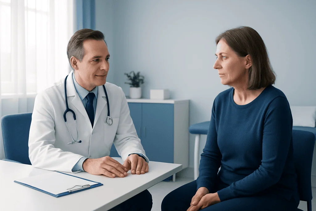 Doctor consulting with a female patient in a medical office.