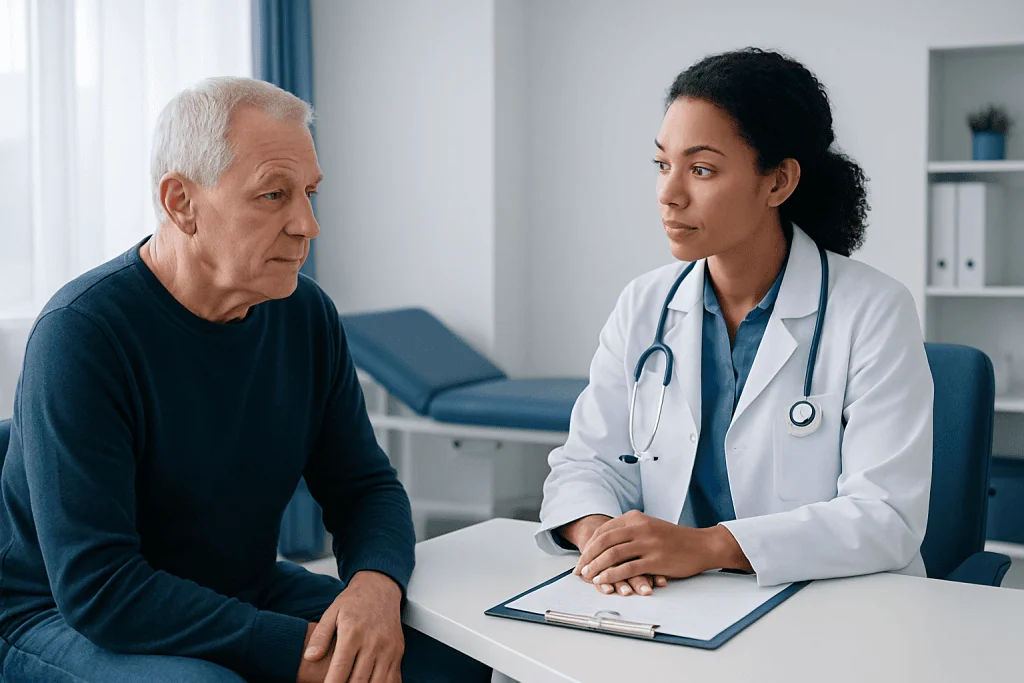 Doctor consulting with elderly male patient in a medical office.