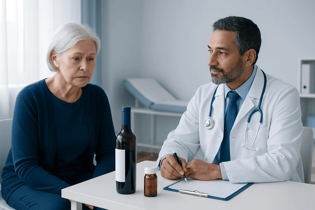 Doctor consulting with elderly woman about medication and health.