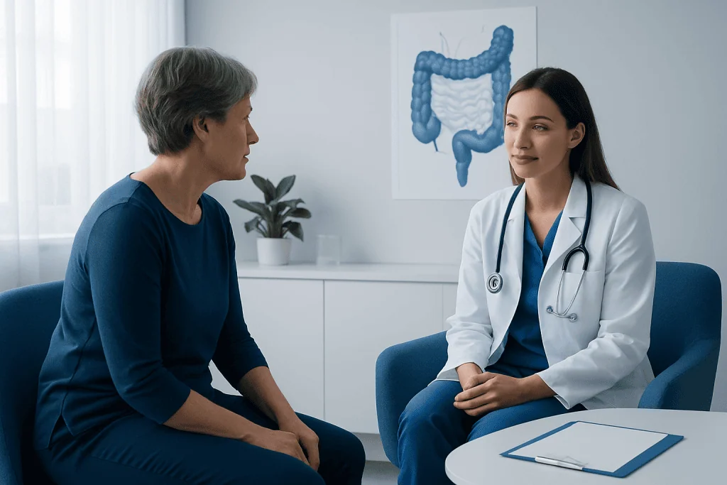 Doctor consulting with patient about colon health in a medical office.