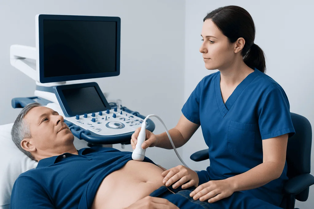 Medical professional performing an ultrasound on a male patient in a hospital room.