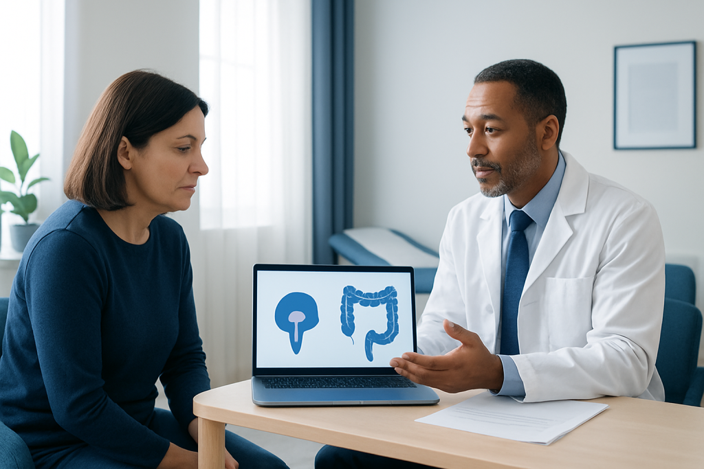 Doctor explains colorectal health to patient with colon diagram on laptop.