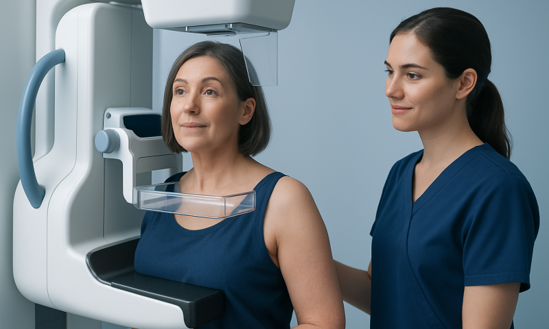 Woman undergoing a mammogram at Acibadem Hospital with medical staff assistance.