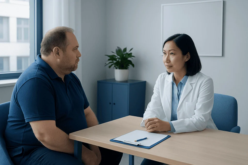 Doctor consulting with patient in a medical office setting.