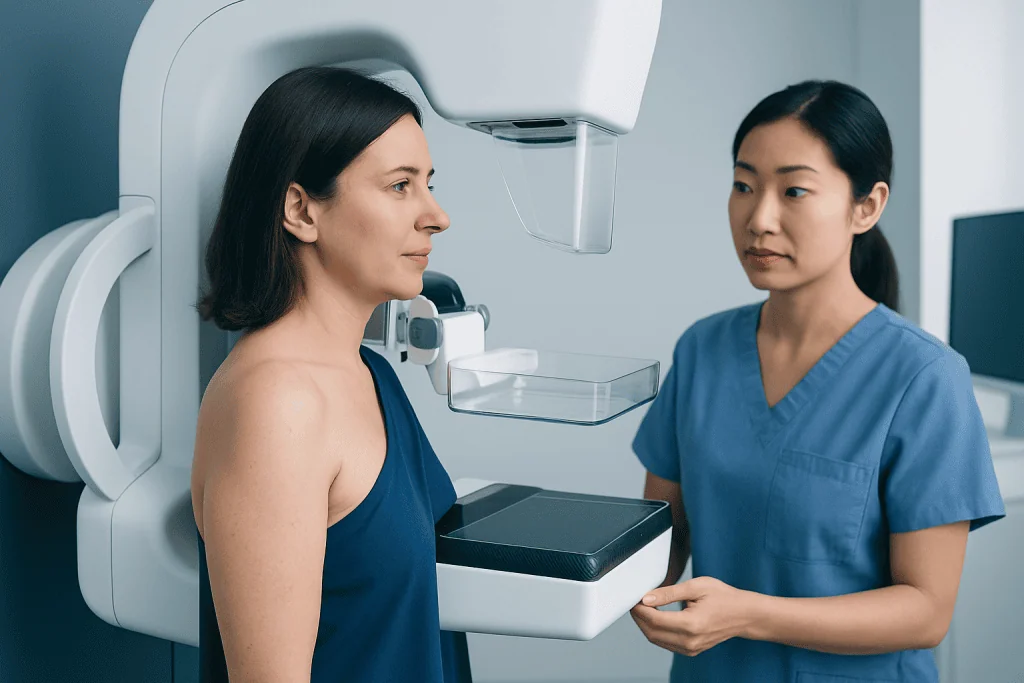 Woman undergoing mammogram at Acibadem Hospital for breast cancer screening.