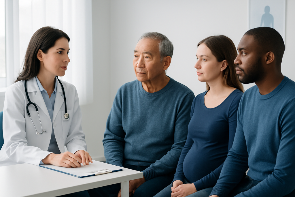 Doctor consulting with diverse patients in a medical office setting.