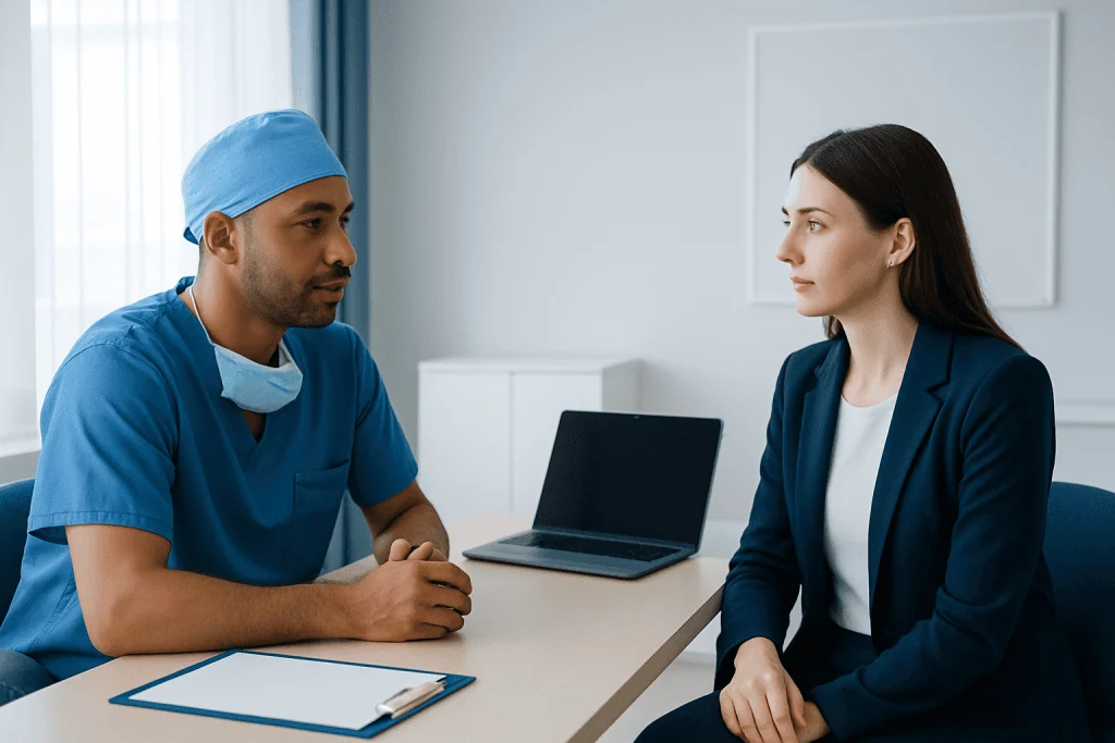 Doctor and patient in consultation at a hospital.