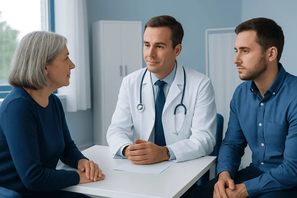 Doctor consulting with elderly woman and young man in a medical office.