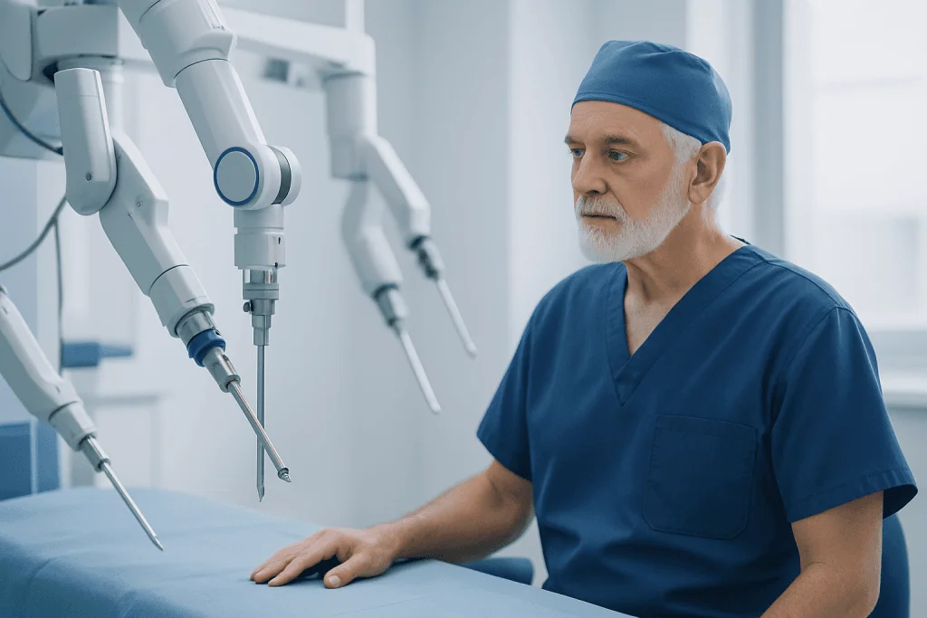 Surgeon in blue scrubs operating robotic surgical equipment in a modern hospital.