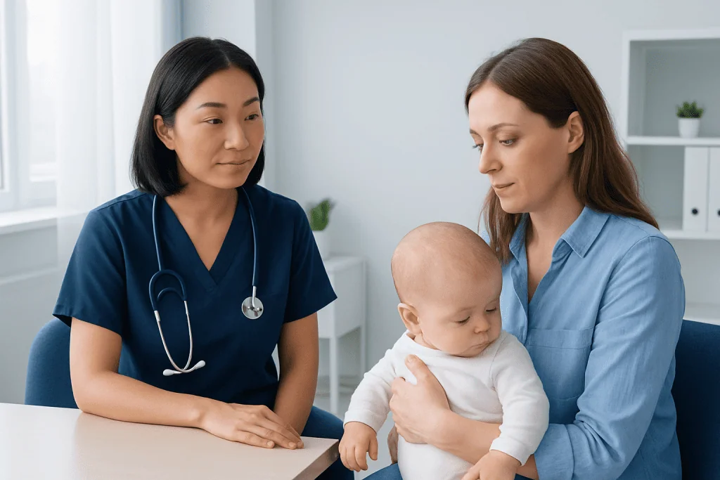 Pediatric consultation with a doctor and mother holding a baby in a clinic.