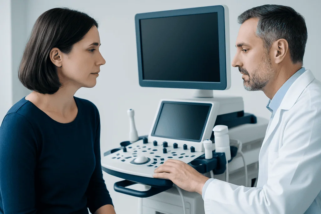 Doctor explaining ultrasound results to a woman patient in a clinic.