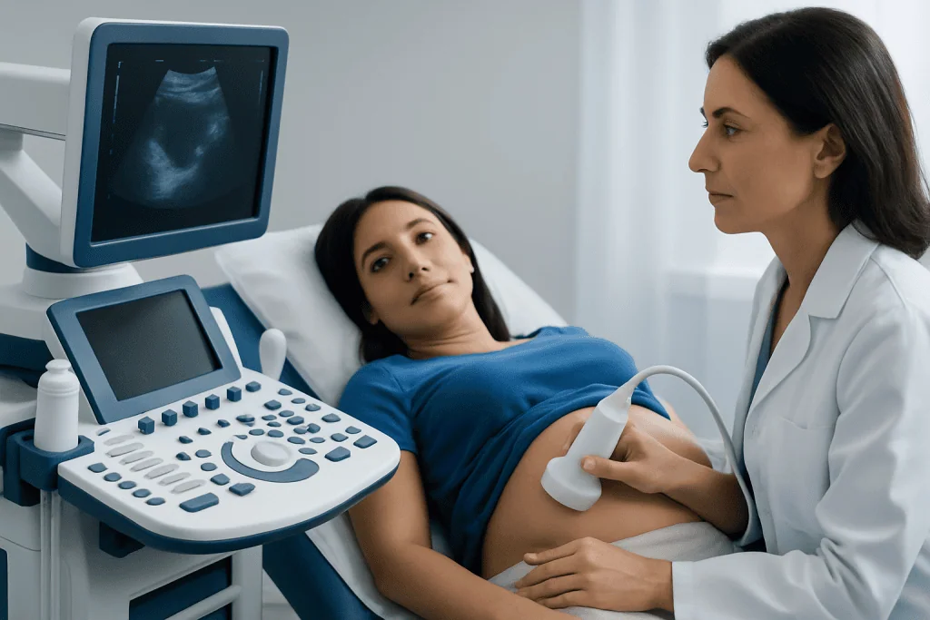 Medical professional performing an ultrasound on a pregnant woman in a hospital.